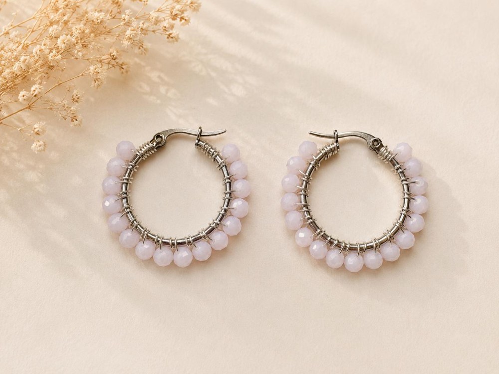 Argollas Cristal Rosa, aros artesanales hechos a mano color rosa – Karivé Joyas